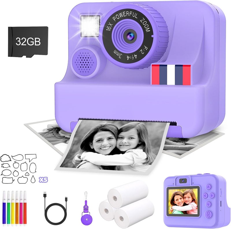 Yosfeng Instant Print Camera for Kids - Christmas Birthday Girls Gifts for Age 3 4 5 6 7 8 9 10 Year Old, 2.4 Inch Screen Kids Instant Camera, Toddler Camera Toys for Age 3-12 with 32 GB SD Card - Image 1